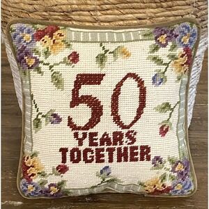 50 Years Floral Needlepoint Pillow Golden Anniversary Velvet Back 9"X9" EUC